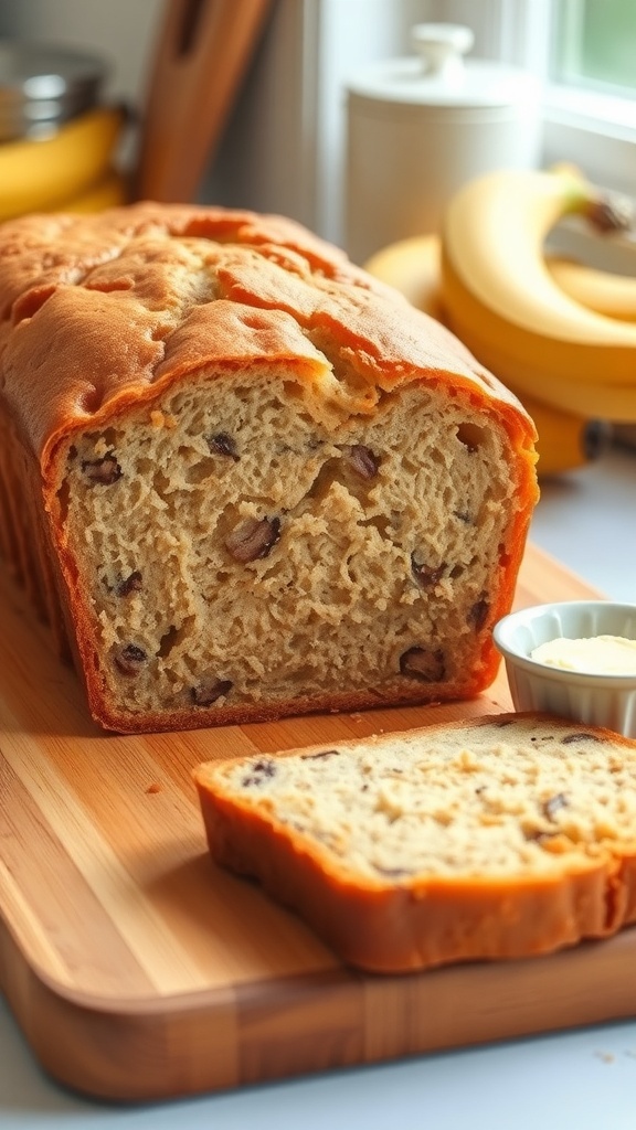 A loaf of golden brown banana bread sliced on a wooden board with butter on the side.